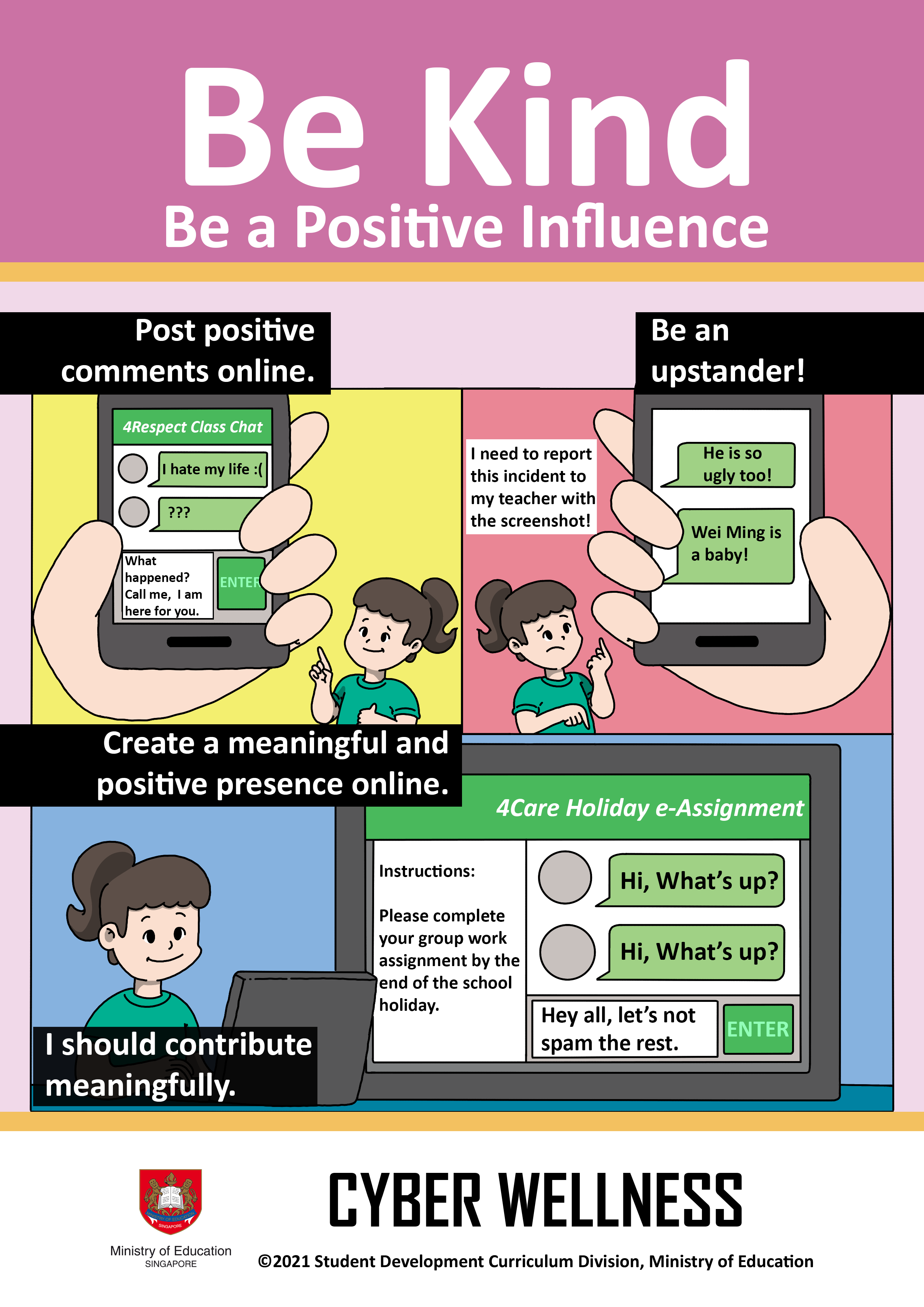 A cyber wellness poster titled Be Kind, Be a Positive Influence, showing cartoon children using phones responsibly online.